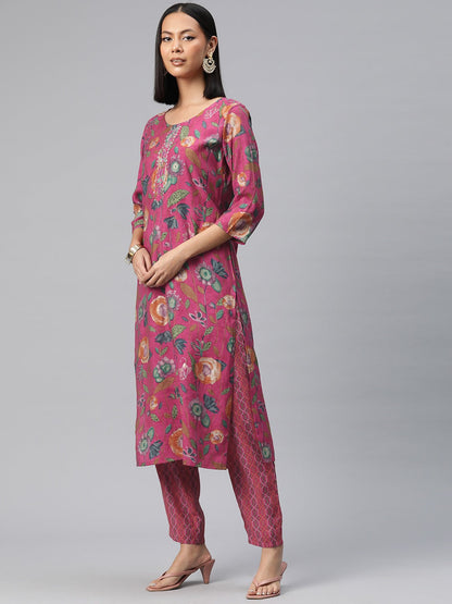 Straight Style Silk Fabric Pink Color Floral Printed Kurti With Palazzo And Dupatta With Beads Work