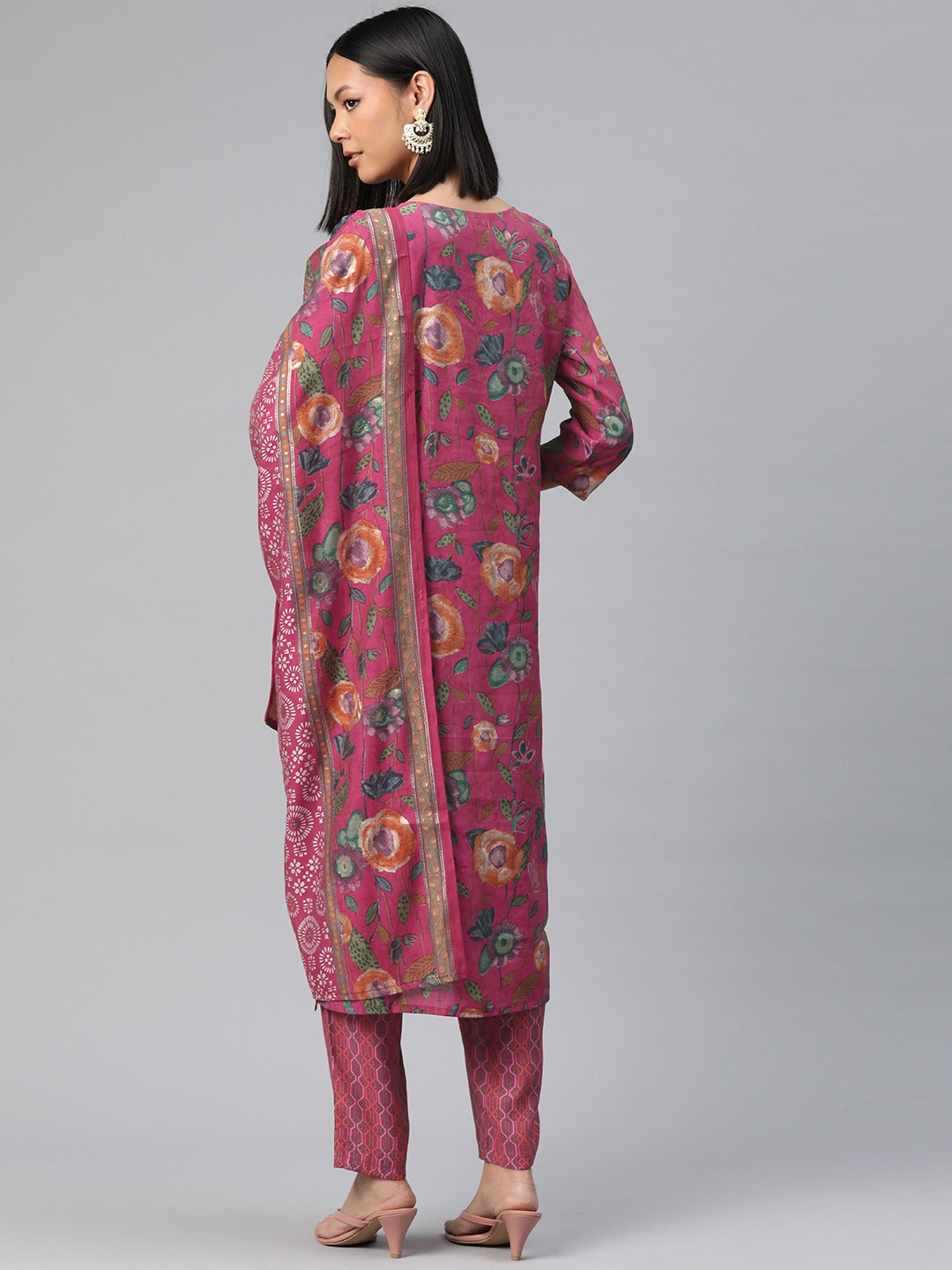 Straight Style Silk Fabric Pink Color Floral Printed Kurti With Palazzo And Dupatta With Beads Work