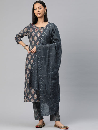 Straight Style Silk Fabric Grey Color Floral Printed Kurti With Palazzo And Dupatta With Sequence Work