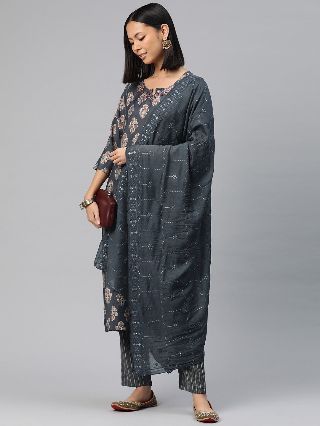 Straight Style Silk Fabric Grey Color Floral Printed Kurti With Palazzo And Dupatta With Sequence Work