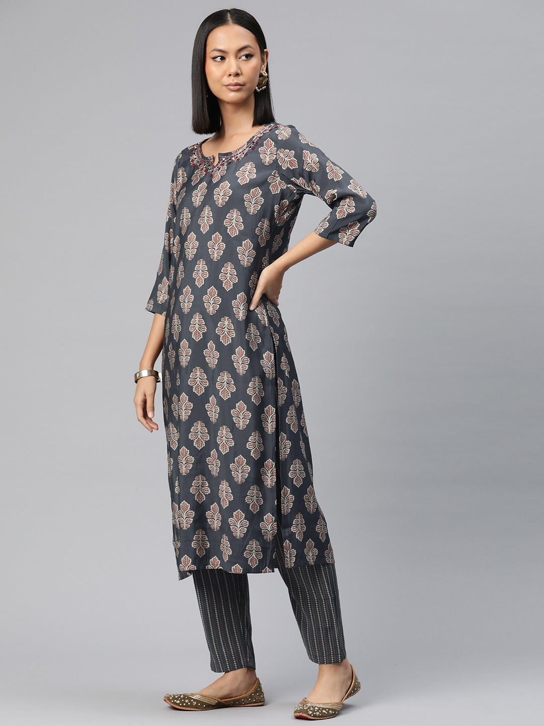 Straight Style Silk Fabric Grey Color Floral Printed Kurti With Palazzo And Dupatta With Sequence Work