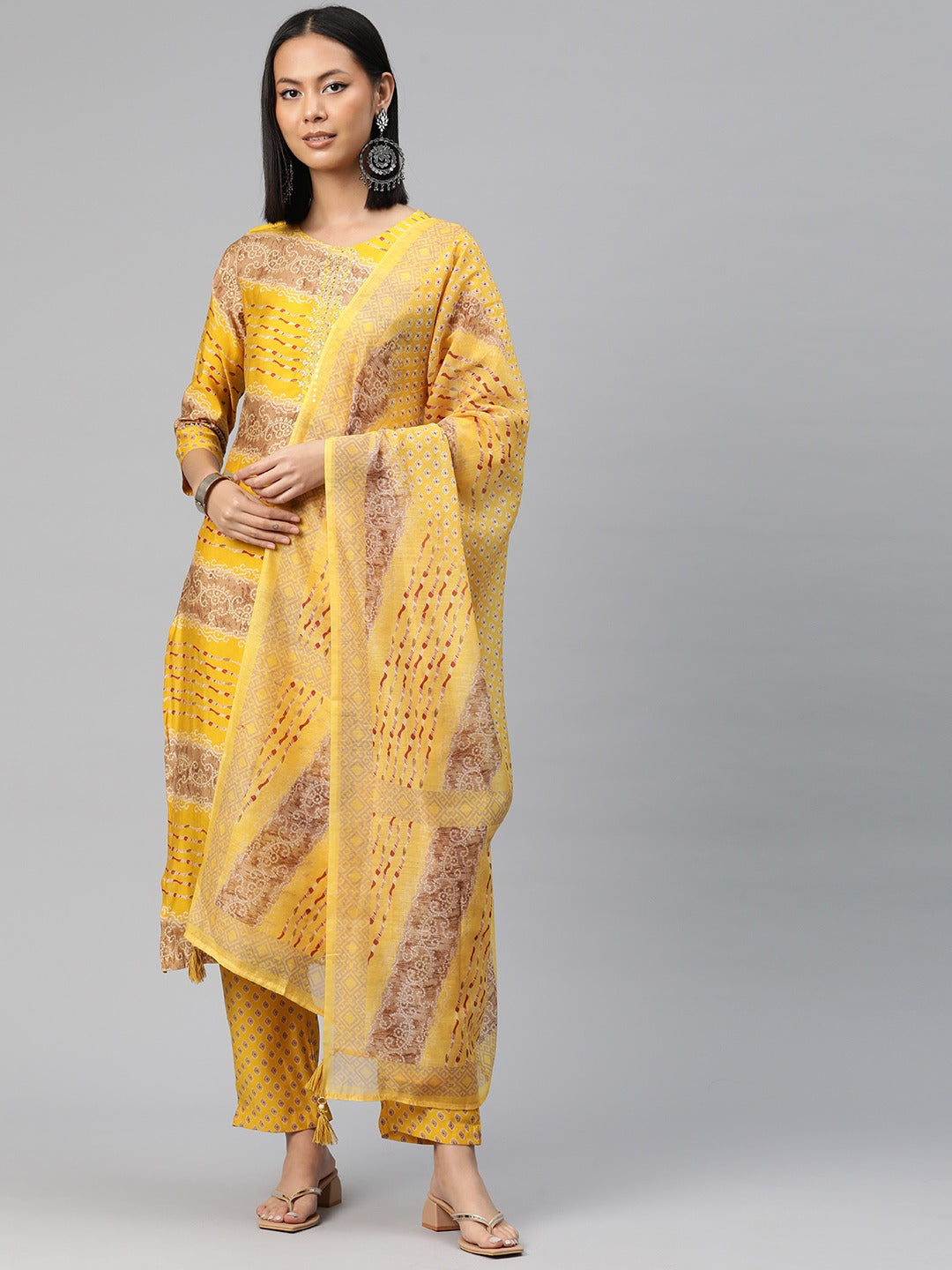 Straight Style Silk Fabric Mustard Color Bandhej Printed Kurti With Palazzo And Dupatta