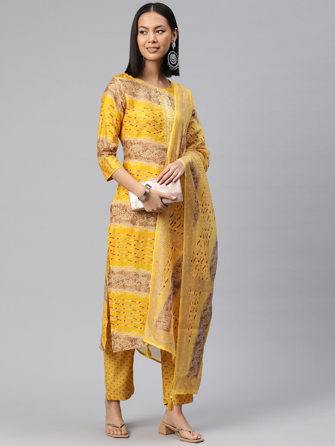 Straight Style Silk Fabric Mustard Color Bandhej Printed Kurti With Palazzo And Dupatta