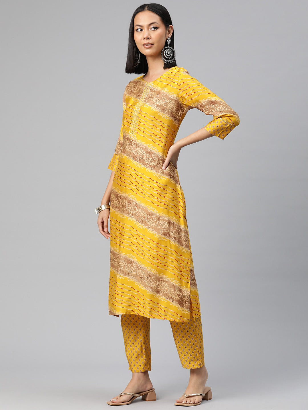 Straight Style Silk Fabric Mustard Color Bandhej Printed Kurti With Palazzo And Dupatta