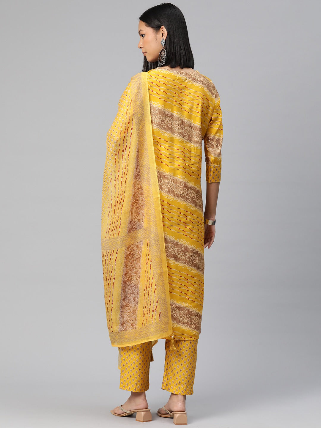 Straight Style Silk Fabric Mustard Color Bandhej Printed Kurti With Palazzo And Dupatta