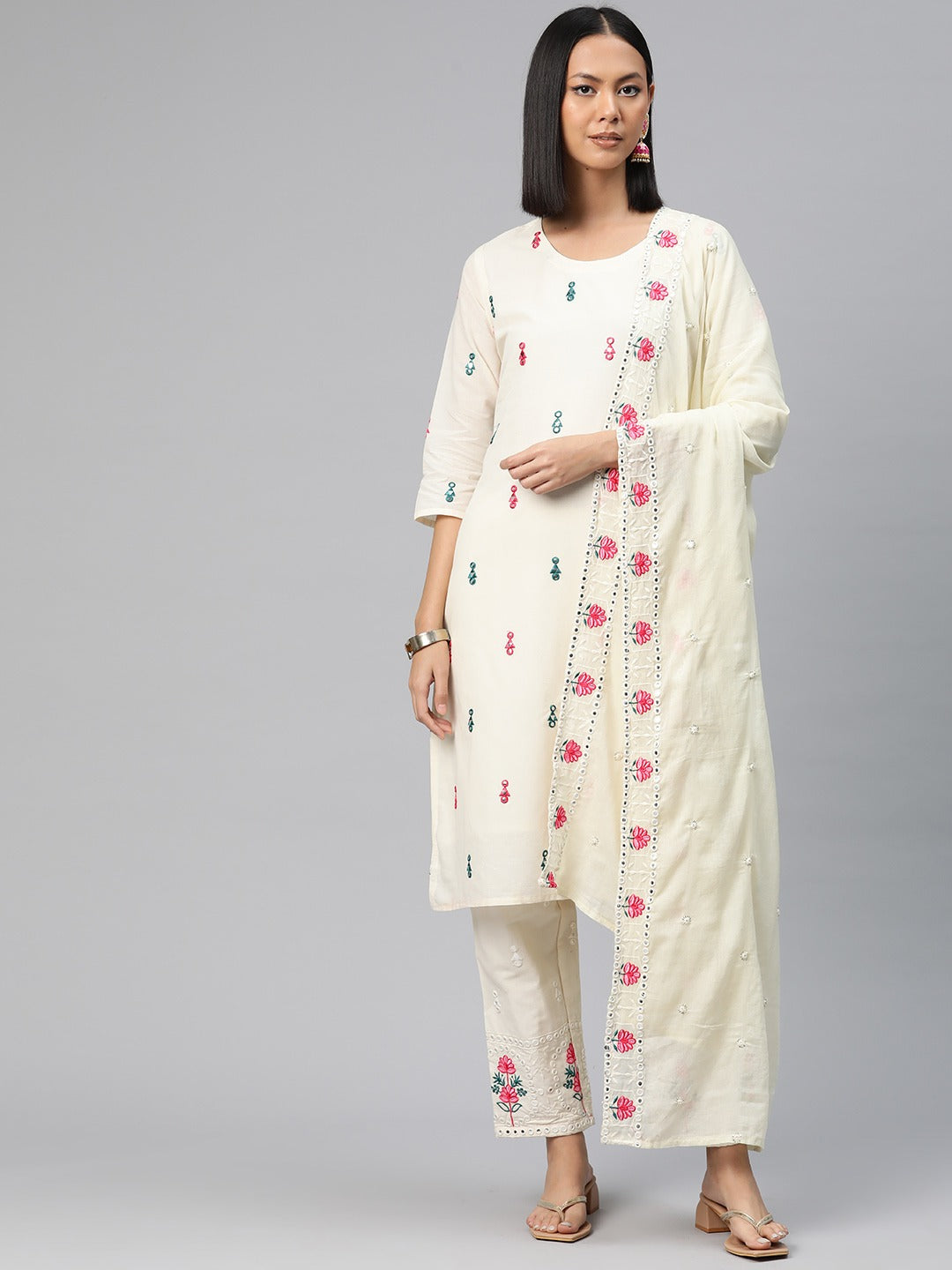 Straight Style Cotton Fabric Off White Color Embroidered Kurti With Palazzo And Dupatta With Mirror Work