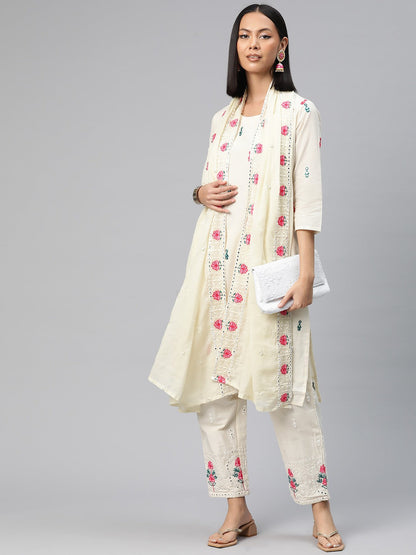 Straight Style Cotton Fabric Off White Color Embroidered Kurti With Palazzo And Dupatta With Mirror Work