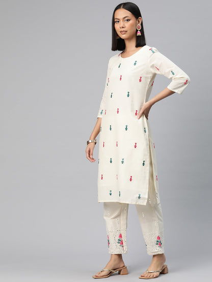 Straight Style Cotton Fabric Off White Color Embroidered Kurti With Palazzo And Dupatta With Mirror Work