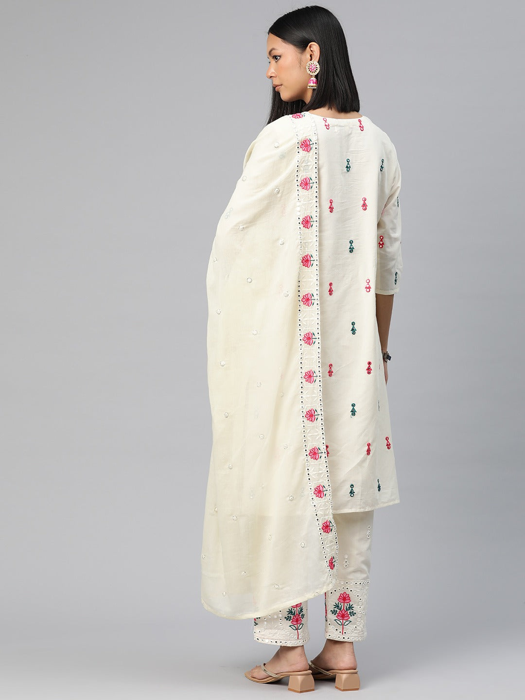 Straight Style Cotton Fabric Off White Color Embroidered Kurti With Palazzo And Dupatta With Mirror Work