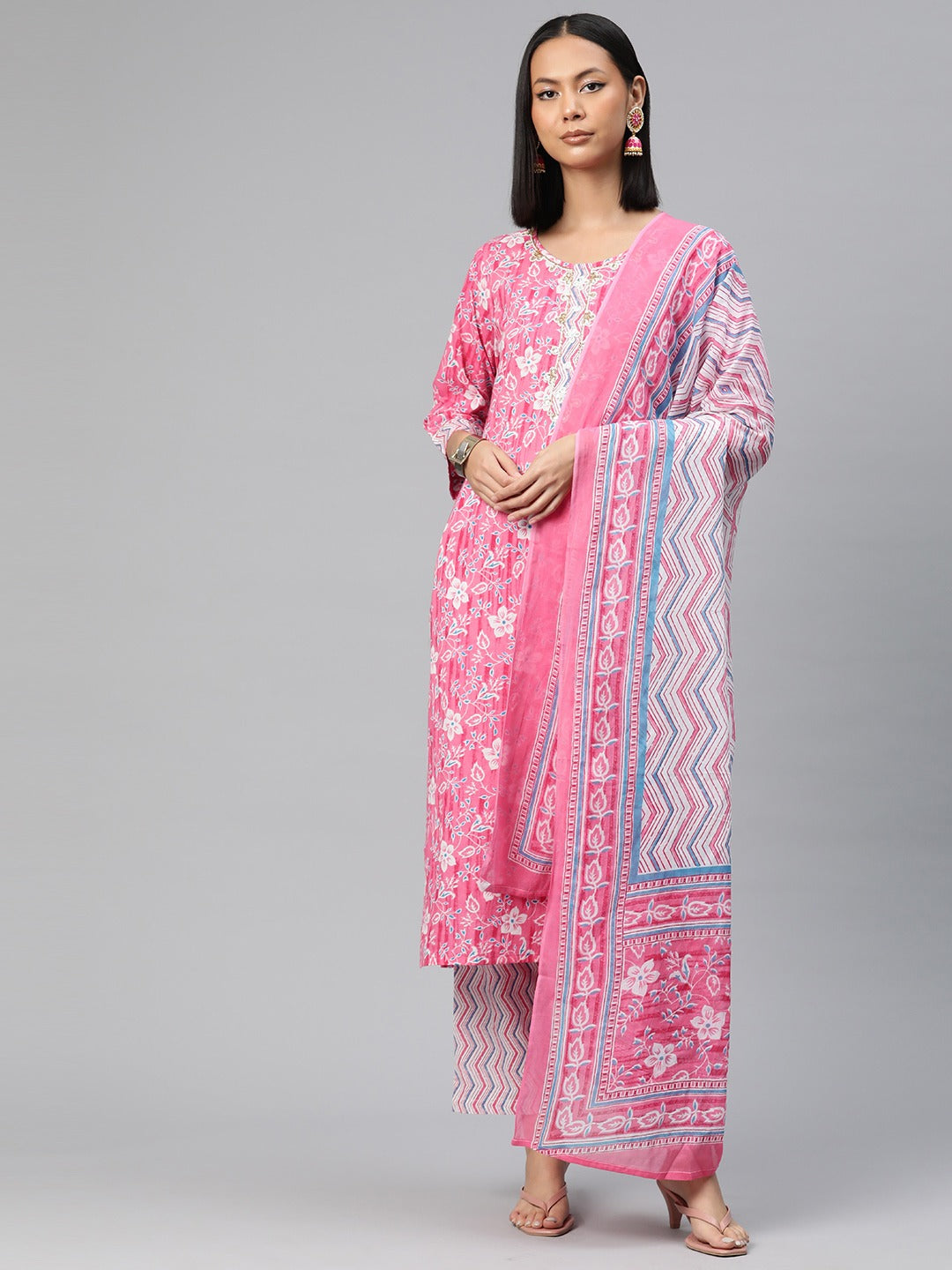 Straight Style Cotton Fabric Pink Color Floral Printed Kurti With Palazzo And Dupatta With Cut Dana Work