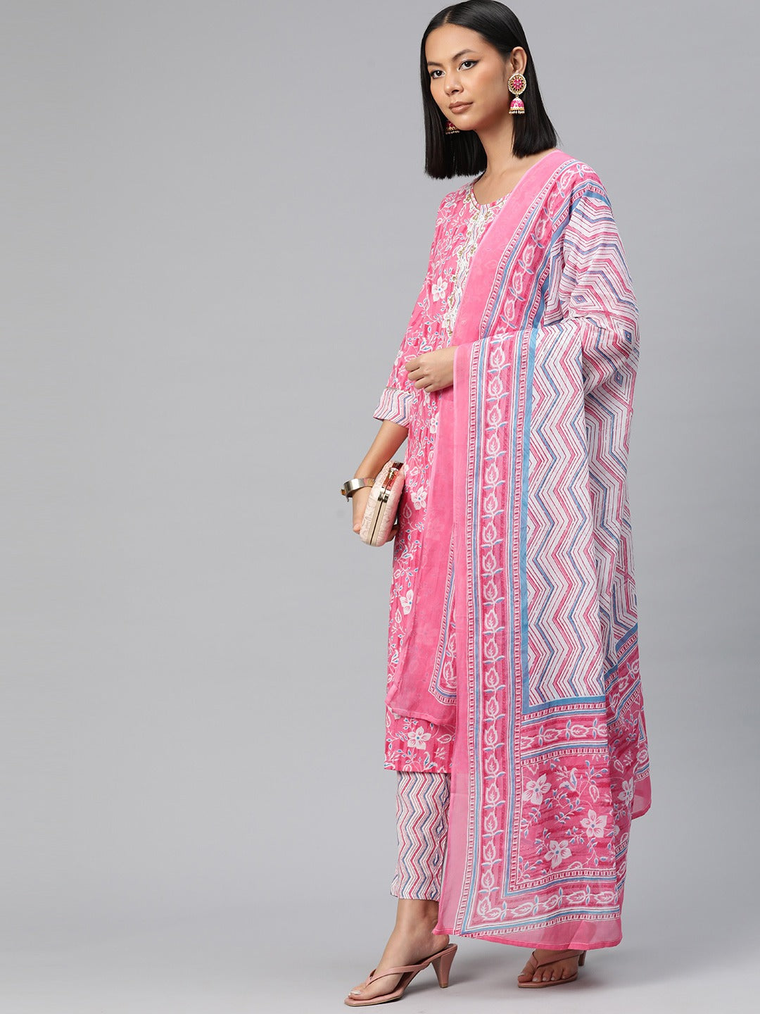 Straight Style Cotton Fabric Pink Color Floral Printed Kurti With Palazzo And Dupatta With Cut Dana Work