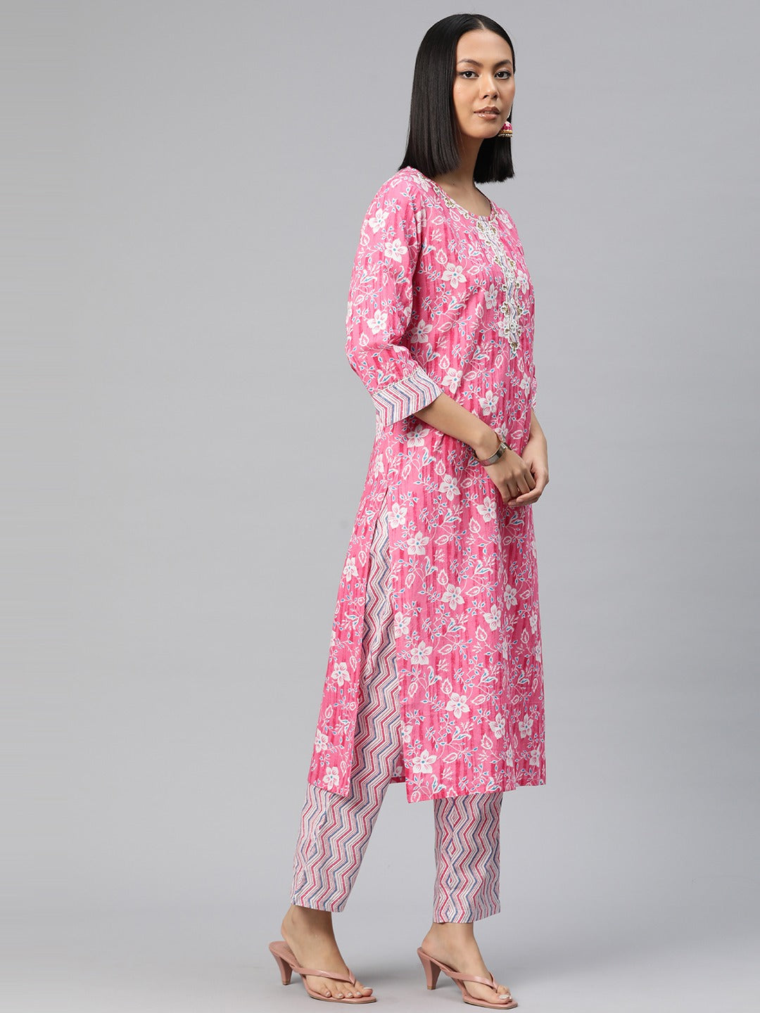 Straight Style Cotton Fabric Pink Color Floral Printed Kurti With Palazzo And Dupatta With Cut Dana Work