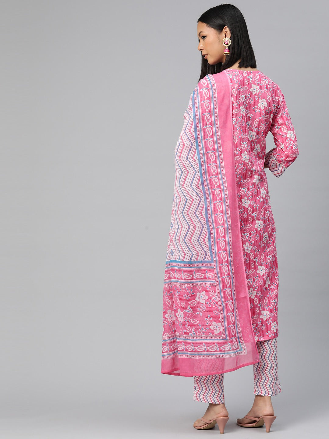 Straight Style Cotton Fabric Pink Color Floral Printed Kurti With Palazzo And Dupatta With Cut Dana Work