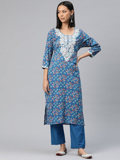 Straight Style Cotton Fabric Blue Color Printed Kurti With Palazzo