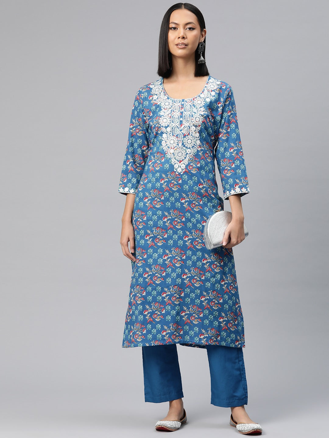 Straight Style Cotton Fabric Blue Color Printed Kurti With Palazzo