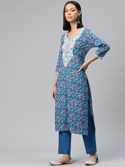 Straight Style Cotton Fabric Blue Color Printed Kurti With Palazzo