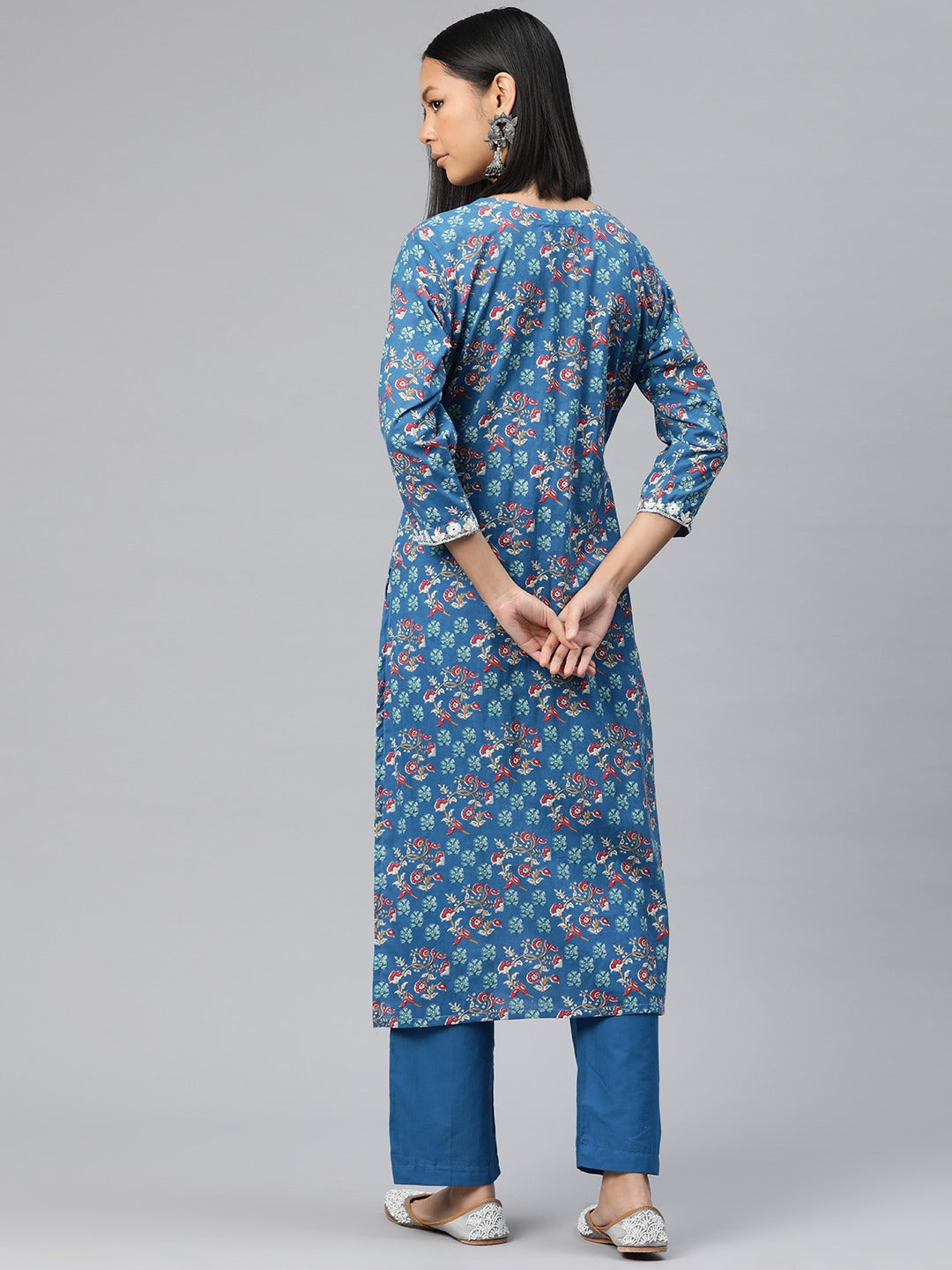 Straight Style Cotton Fabric Blue Color Printed Kurti With Palazzo