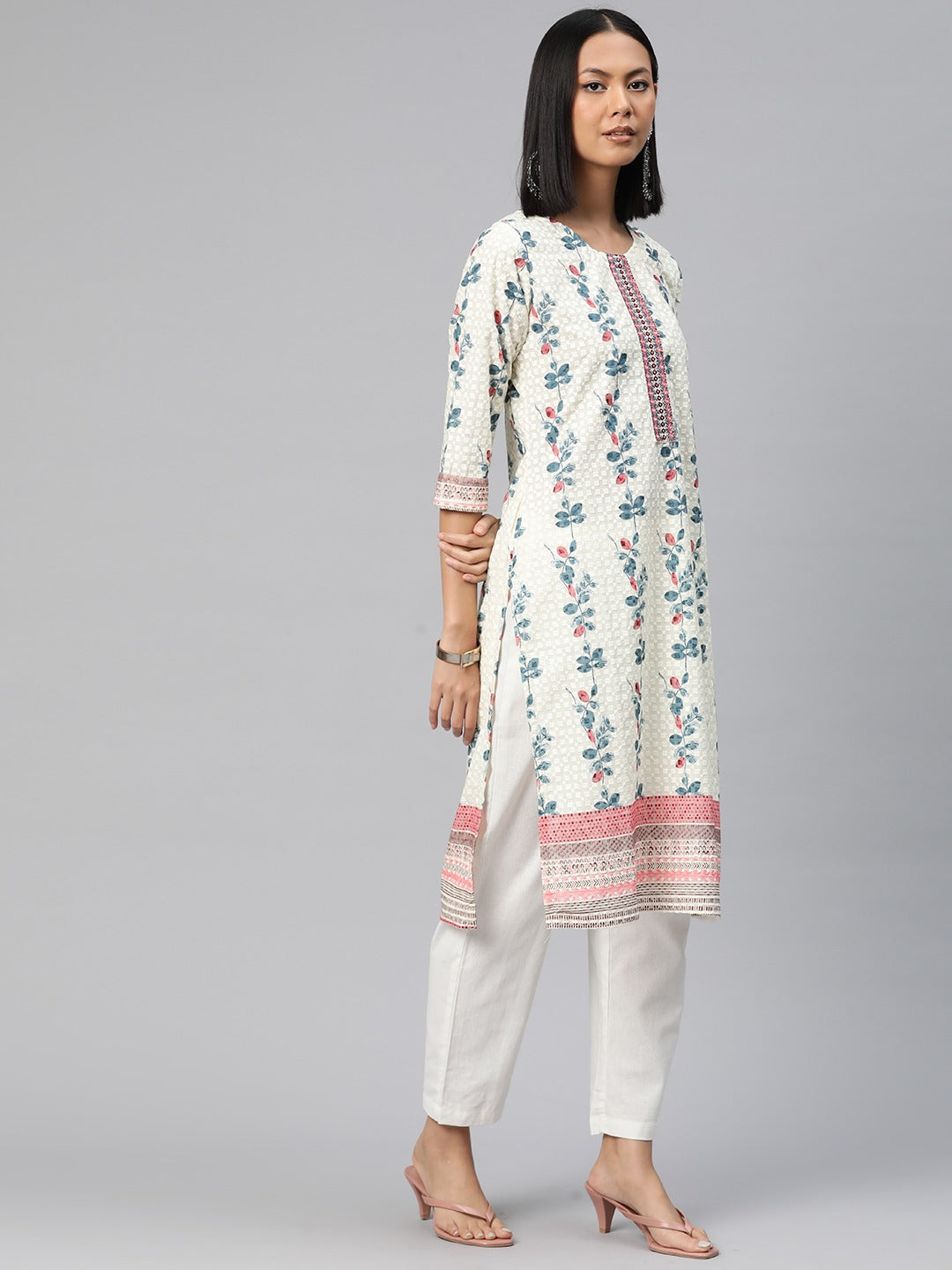 Straight Style Cotton Fabric Blue Color Floral Printed, Embroidered Kurti With Palazzo And Dupatta With Lace Work