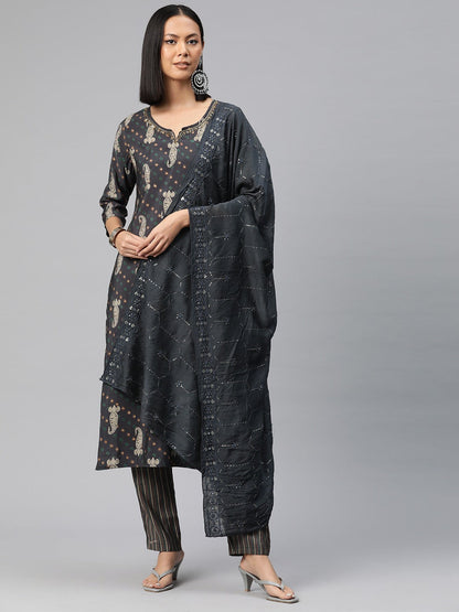 Straight Style Silk Fabric Grey Color Printed Kurti With Palazzo And Dupatta With Sequence Work