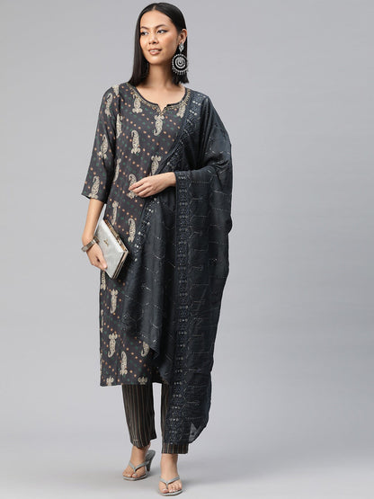 Straight Style Silk Fabric Grey Color Printed Kurti With Palazzo And Dupatta With Sequence Work