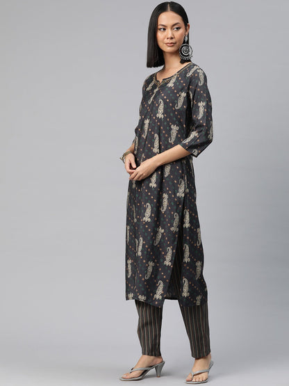 Straight Style Silk Fabric Grey Color Printed Kurti With Palazzo And Dupatta With Sequence Work