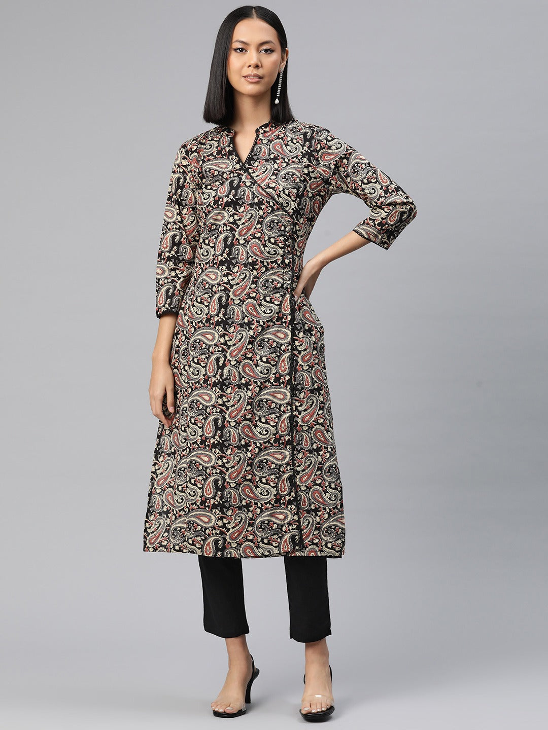 Straight Style Cotton Fabric Black Color Printed Kurti With Salwar