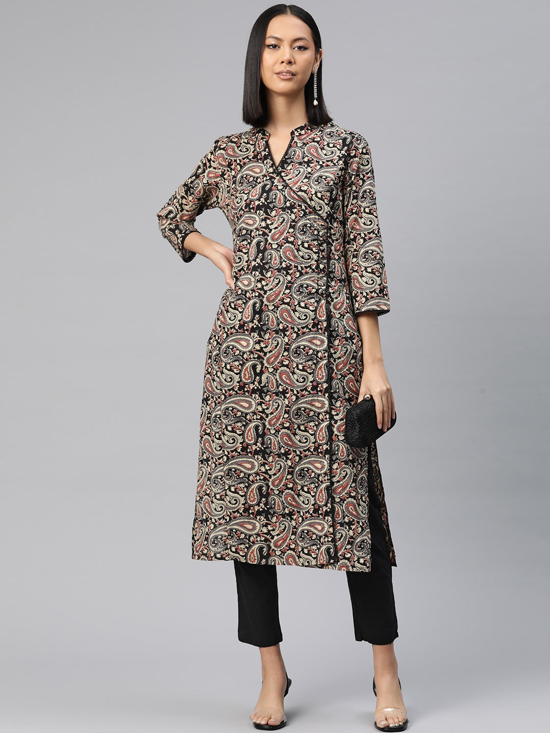 Straight Style Cotton Fabric Black Color Printed Kurti With Salwar