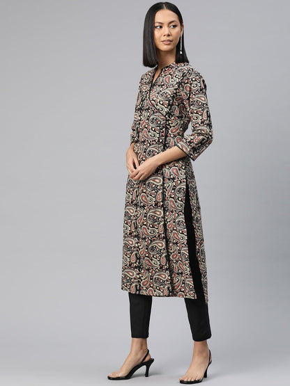 Straight Style Cotton Fabric Black Color Printed Kurti With Salwar