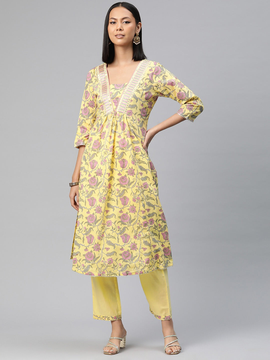 Anarkali Style Cotton Fabric Yellow Color Floral Printed Kurti With Palazzo