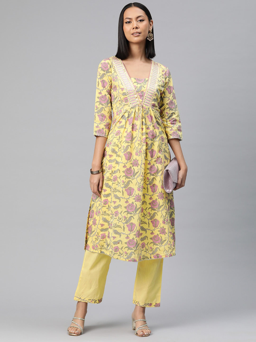 Anarkali Style Cotton Fabric Yellow Color Floral Printed Kurti With Palazzo