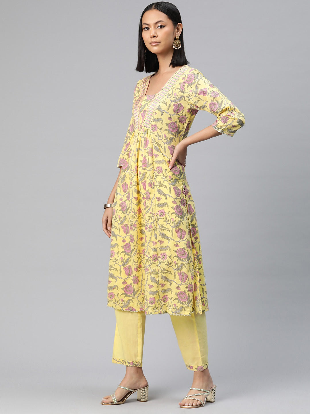 Anarkali Style Cotton Fabric Yellow Color Floral Printed Kurti With Palazzo