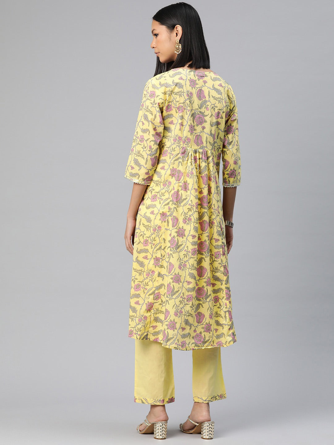 Anarkali Style Cotton Fabric Yellow Color Floral Printed Kurti With Palazzo