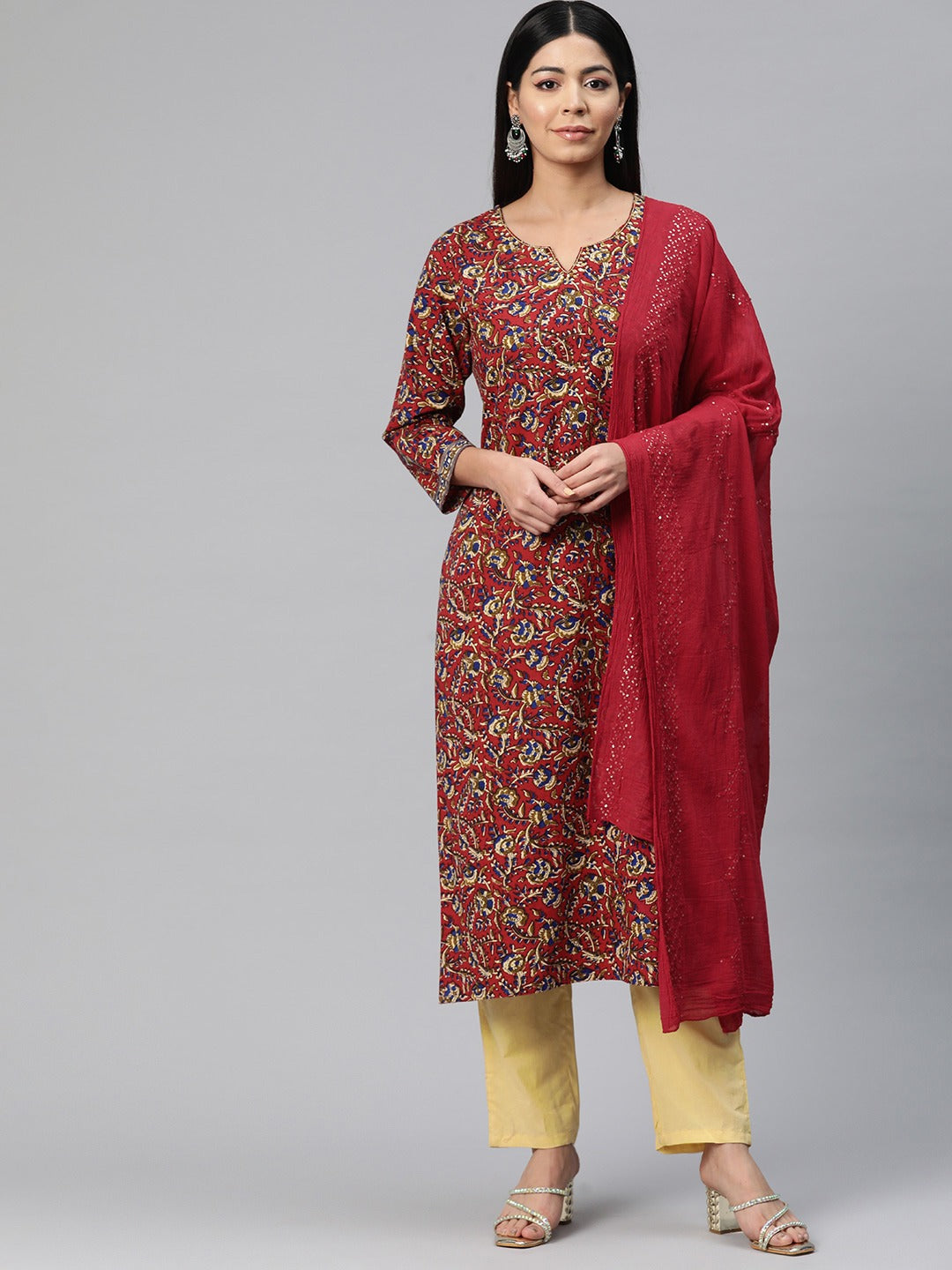 Straight Style Cotton Fabric Red Color Floral Printed Kurti With Palazzo And Dupatta With Sequence Work