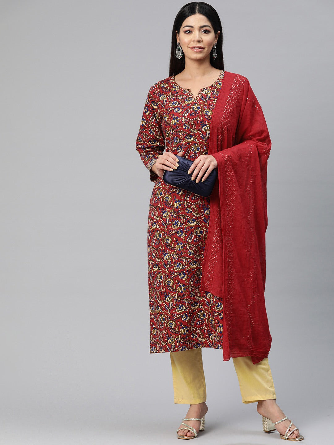 Straight Style Cotton Fabric Red Color Floral Printed Kurti With Palazzo And Dupatta With Sequence Work