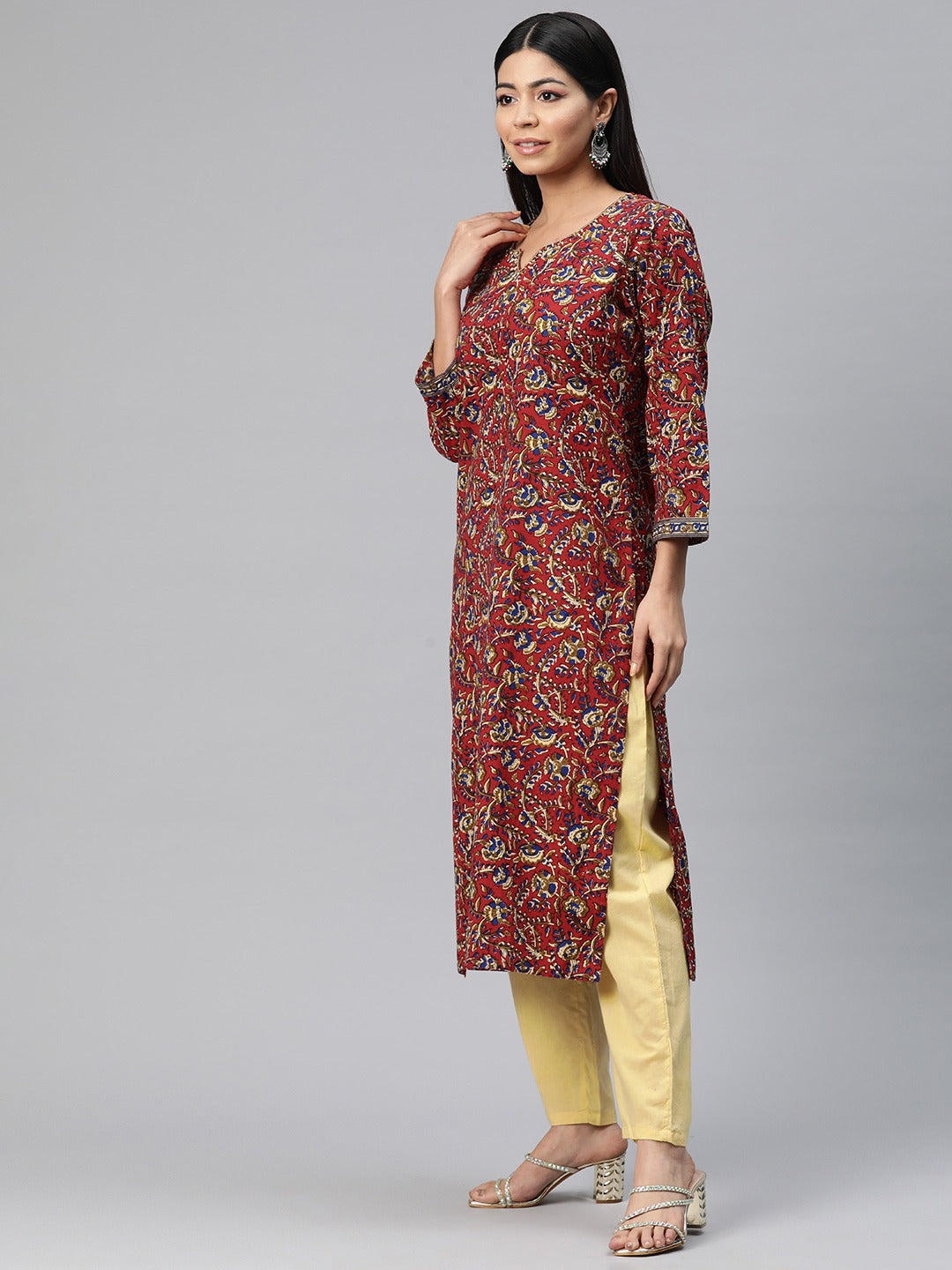 Straight Style Cotton Fabric Red Color Floral Printed Kurti With Palazzo And Dupatta With Sequence Work