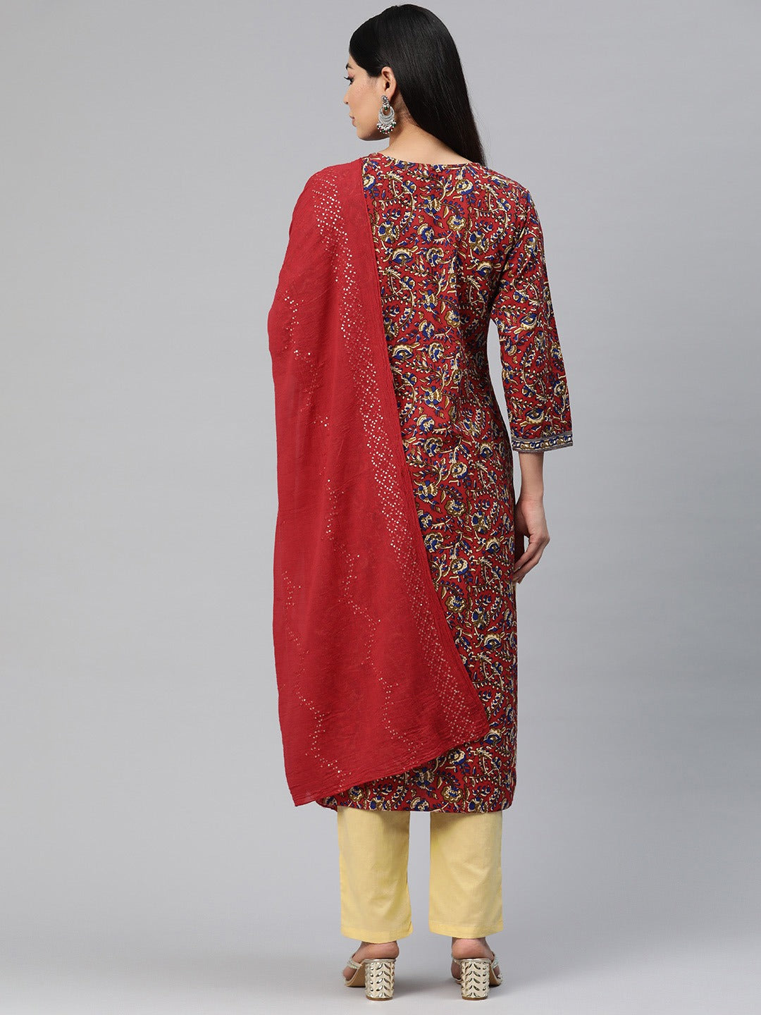 Straight Style Cotton Fabric Red Color Floral Printed Kurti With Palazzo And Dupatta With Sequence Work