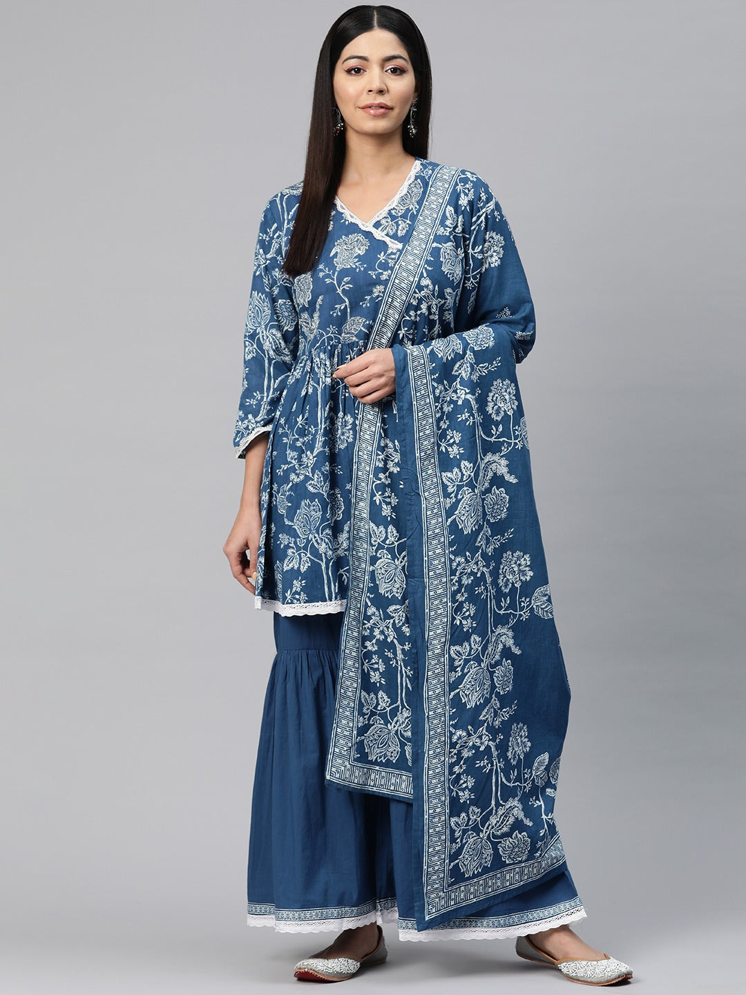 Anarkali Style Cotton Fabric Blue Color Floral Printed Kurti With Sharara And Dupatta With Printed Work