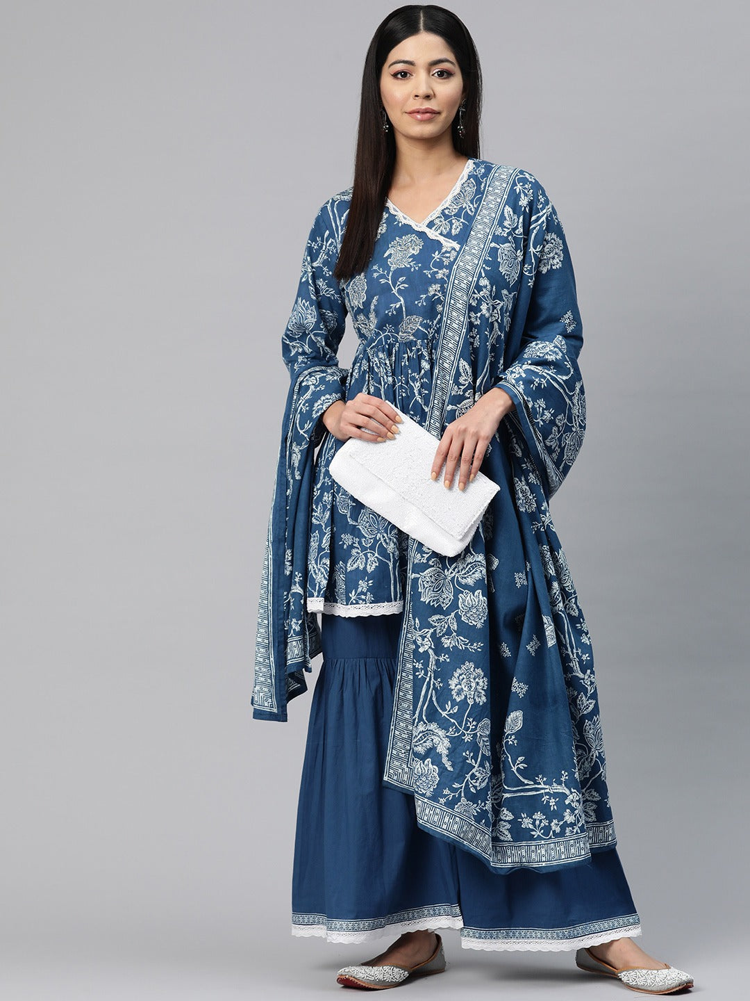 Anarkali Style Cotton Fabric Blue Color Floral Printed Kurti With Sharara And Dupatta With Printed Work