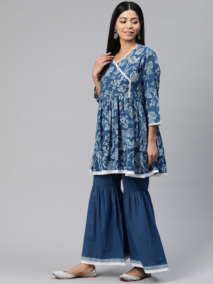 Anarkali Style Cotton Fabric Blue Color Floral Printed Kurti With Sharara And Dupatta With Printed Work