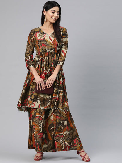 Anarkali Style Silk Fabric Brown Color Printed Kurti With Palazzo