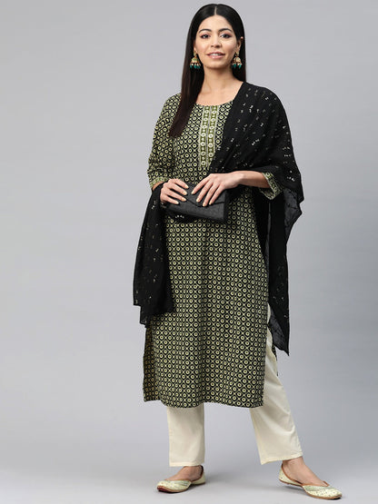 Straight Style Cotton Fabric Green Color Floral Printed Kurti With Palazzo And Dupatta With Sequence Work