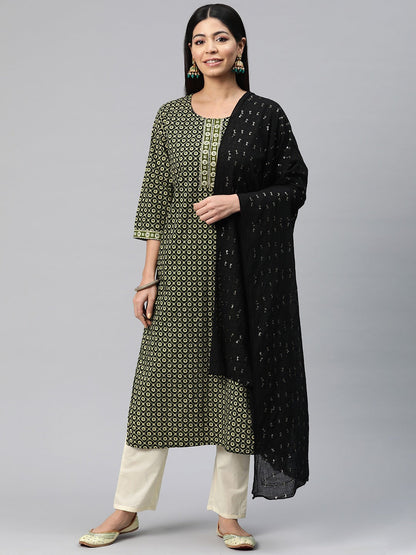 Straight Style Cotton Fabric Green Color Floral Printed Kurti With Palazzo And Dupatta With Sequence Work