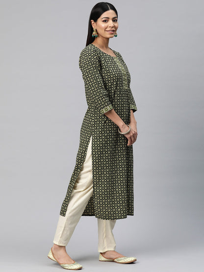 Straight Style Cotton Fabric Green Color Floral Printed Kurti With Palazzo And Dupatta With Sequence Work