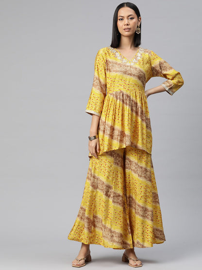 Anarkali Style Silk Fabric Yellow Color Bandhej Printed Kurti With Palazzo