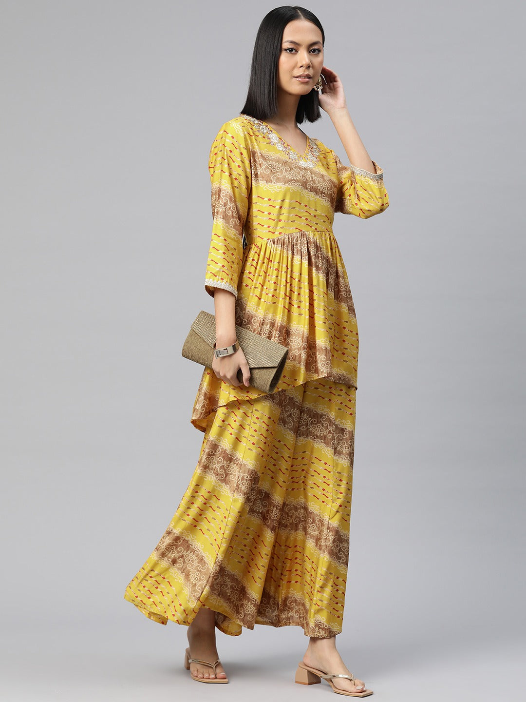 Anarkali Style Silk Fabric Yellow Color Bandhej Printed Kurti With Palazzo