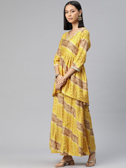 Anarkali Style Silk Fabric Yellow Color Bandhej Printed Kurti With Palazzo