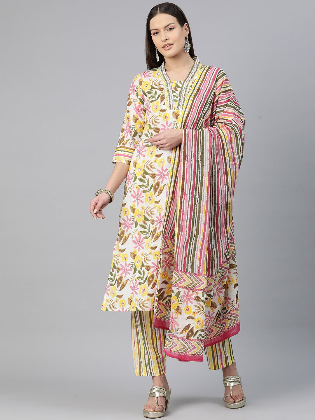 Straight Style Cotton Fabric Yellow Color Floral Printed Kurti With Salwar And Dupatta