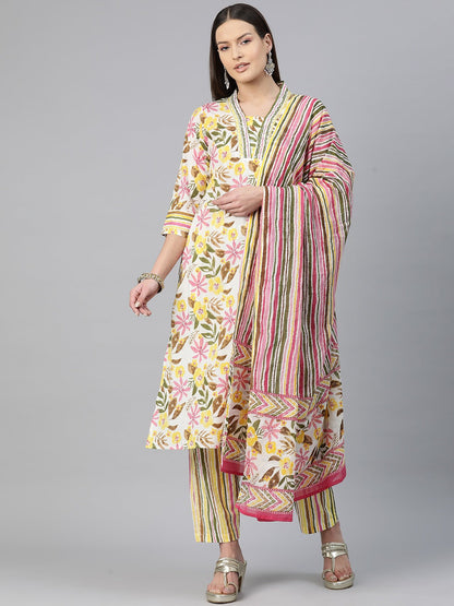 Straight Style Cotton Fabric Yellow Color Floral Printed Kurti With Salwar And Dupatta