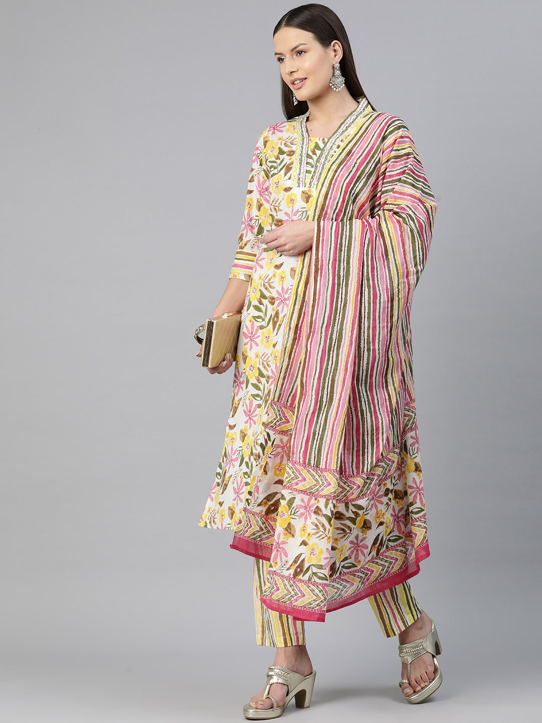 Straight Style Cotton Fabric Yellow Color Floral Printed Kurti With Salwar And Dupatta