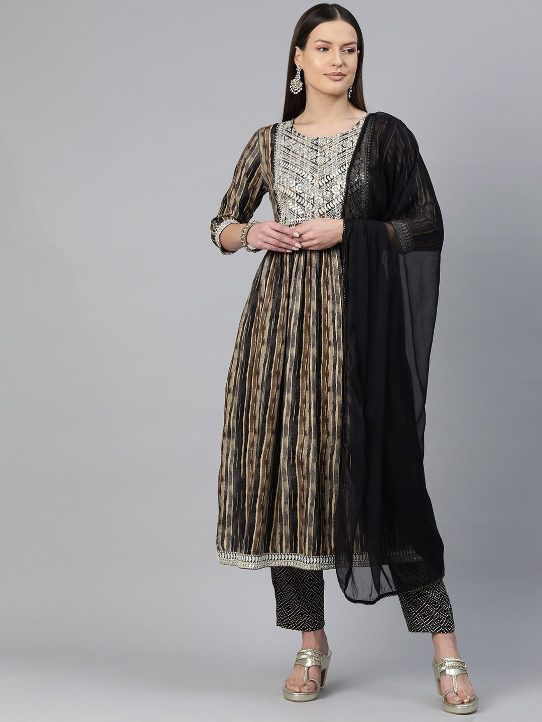 A-Line Style Rayon Fabric Black Color Embroidered & Printed Kurti With Palazzo And Dupatta